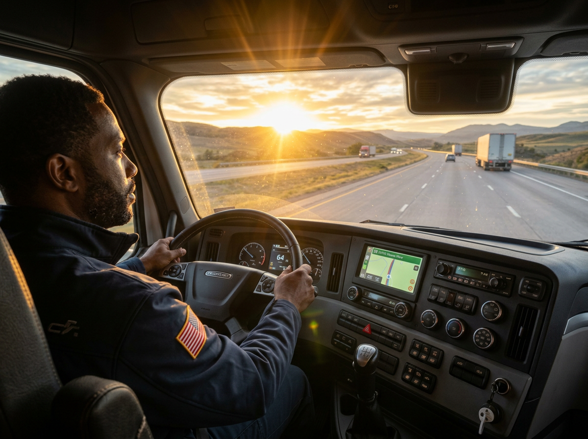 Professional truck driver on the road at sunrise