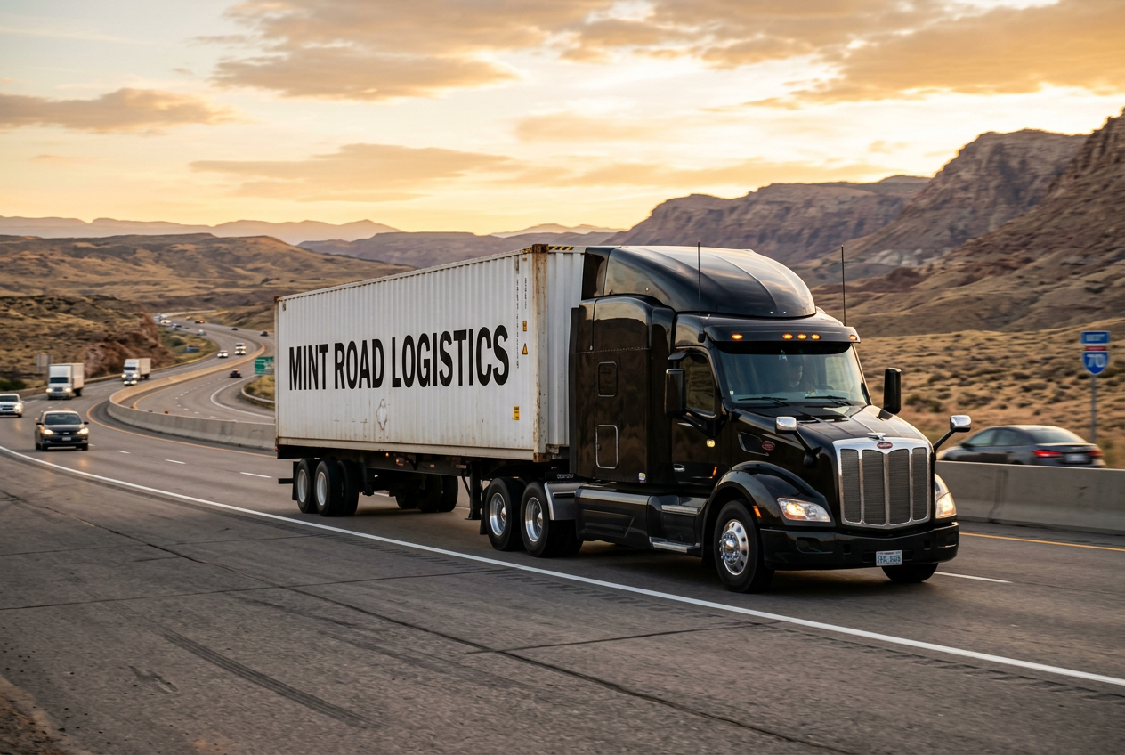 Semi-truck driving on highway at sunset