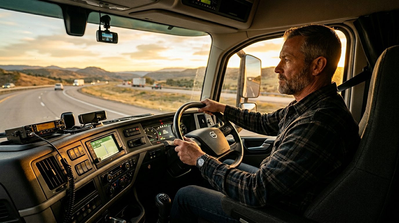 Mint Road Logistics driver behind the wheel of a semi-truck at golden hour